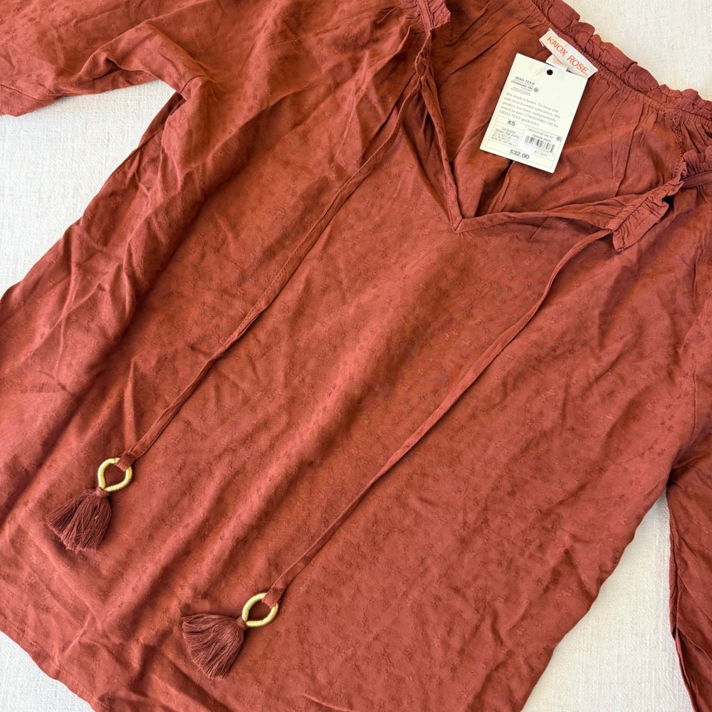 Knox Rose Rust Brown Clip Dot Peasant Blouse Tassel Tie Balloon Sleeve NWT XS - Picture 3 of 13